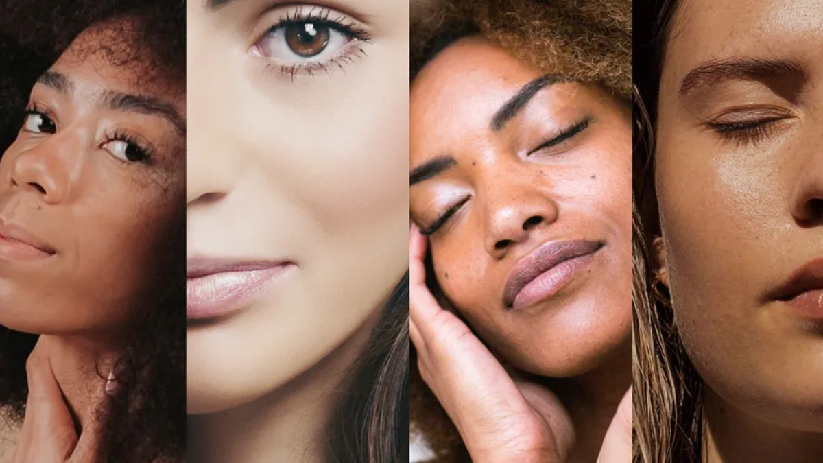 comparação visual entre pele oleosa, mista e seca mostrando diferenças de textura e brilho