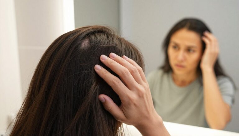 A close-up image depicting a person examining their scalp in a well-lit, modern bathroom setting. The foreground features the individual's hand gently touching their hair, revealing thinning areas and shedding strands. The middle ground includes a mirror reflecting their concerned expression, showing attention to detail and contemplation. In the background, soft, ambient lighting creates a warm atmosphere, enhancing the sense of introspection and care. The subject is dressed in a casual, modest outfit. This image conveys a serious yet hopeful mood, illustrating the moment of realization regarding hair loss and the first steps to take for monitoring in a calm, personal space.