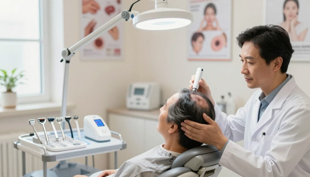 A serene clinical setting focused on hair loss treatments. In the foreground, a professional dermatologist, dressed in a clean white lab coat, examines a patient’s scalp under a bright, soft light. The patient, a middle-aged individual with thinning hair, sits in a comfortable, ergonomic chair, looking attentive and hopeful. In the middle ground, various hair treatment tools, such as laser therapy devices and dermarollers, are neatly organized on a sterile tray. The background features soothing colors, soft-focus medical posters about hair health, and a window with natural light streaming in, evoking a calm and reassuring atmosphere. The angle is slightly elevated, providing a comprehensive view of the interaction. A serene clinical setting focused on hair loss treatments. In the foreground, a professional dermatologist, dressed in a clean white lab coat, examines a patient’s scalp under a bright, soft light. The patient, a middle-aged individual with thinning hair, sits in a comfortable, ergonomic chair, looking attentive and hopeful. In the middle ground, various hair treatment tools, such as laser therapy devices and dermarollers, are neatly organized on a sterile tray. The background features soothing colors, soft-focus medical posters about hair health, and a window with natural light streaming in, evoking a calm and reassuring atmosphere. The angle is slightly elevated, providing a comprehensive view of the interaction.