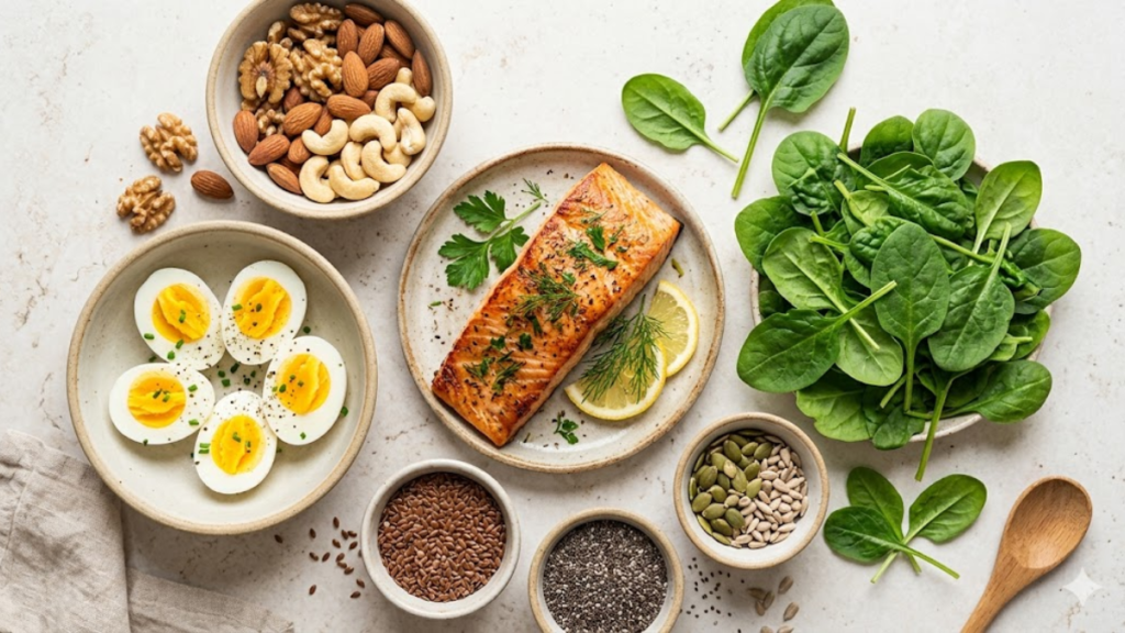 Queda de Cabelo: Causas, Vitaminas, Tratamentos e O Que Fazer Para Parar a Queda Capilar 3 Alimentos ricos em ferro, zinco e biotina que ajudam a combater a queda de cabelo: ovos, castanhas, carnes e folhas verdes