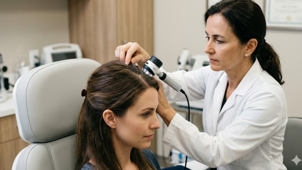 Queda de Cabelo: Causas, Vitaminas, Tratamentos e O Que Fazer Para Parar a Queda Capilar 4 Dermatologista realizando tricoscopia no couro cabeludo de paciente para diagnóstico de queda capilar