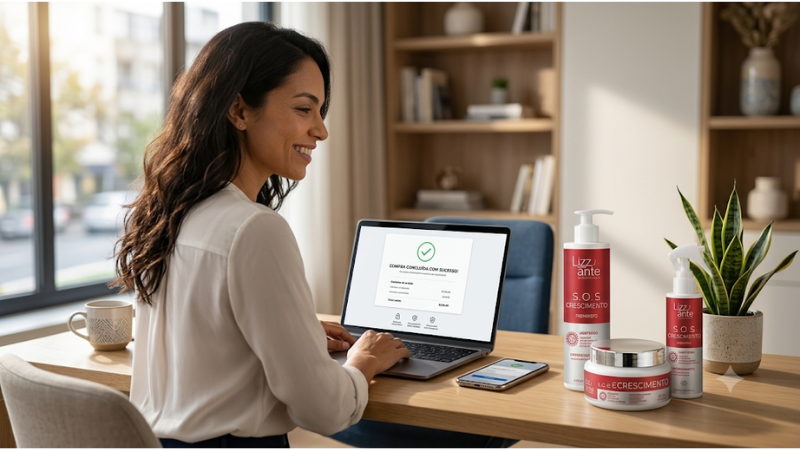 Pessoa concluindo com segurança a compra online do Kit SOS Crescimento após comparar as opções disponíveis