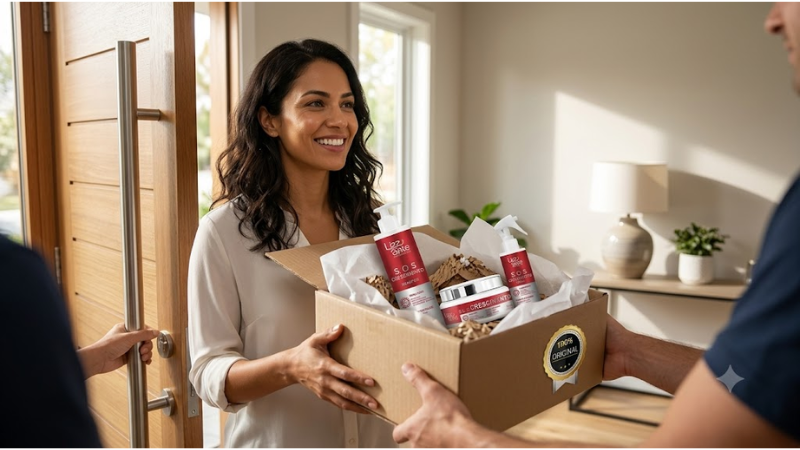Consumidora recebendo em casa o Kit SOS Crescimento após uma compra online segura