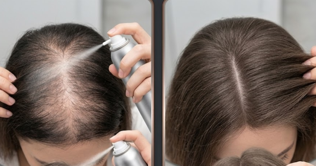 Mulher aplicando tônico do Kit SOS Crescimento diretamente no couro cabeludo