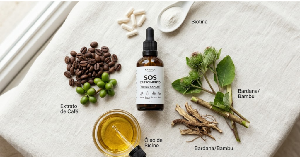 Ingredientes naturais da fórmula: biotina, óleo de rícino, bardana e extrato de café