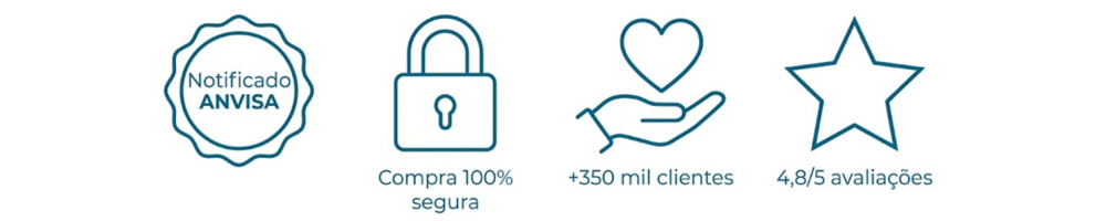 Ícones de segurança: produto notificado na ANVISA, compra protegida e satisfação garantida